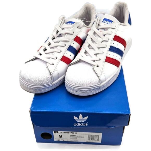 Adidas Superstar White Red Blue Stripe Shoes Ladies Size 9 Shell Toe AC7162 - Picture 8 of 16